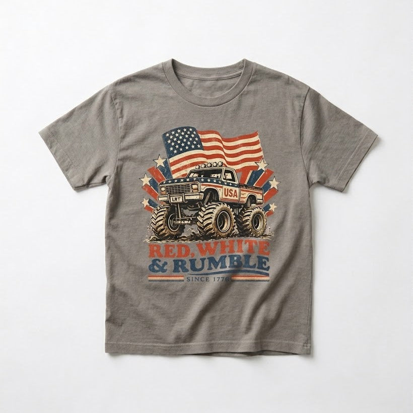 [PREORDER] RED WHITE AND RUMBLE TEE - FADED GREY